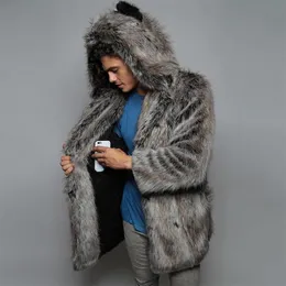 Erkekler deri sahte deri sahte kürk ceket erkekler kış sahte kürk ceket moda kabarık kapşonlu uzun ceket dış giyim kalın sıcak adam palto 231016