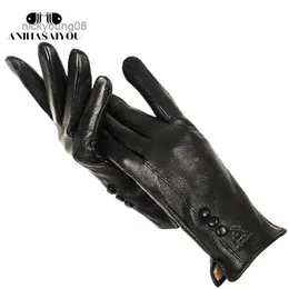 Fingerlose Handschuhe, modisch, schlicht, warm, Damen-Lederhandschuhe, echtes Leder, Damen-Winterhandschuhe, schwarze Wildleder-Damenhandschuhe – 2280L231017