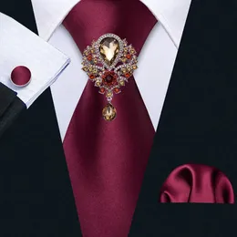 Neck Ties Red Satin Silk Tie Rhinestone Brooches Men Wedding Tie Hanky Set Barry.wang Fashion Designer Solid Neckties for Men Gift Party 231013