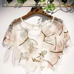 Scarves Women's Spring Summer Dragonfly Embroidery Mesh Pashmina Female Sunscreen Lace Shawl Cloak R220