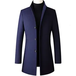 Men's Wool Blends Long Trench Coats 2023 Autumn Winter Single Breasted Blue Jacket Casual Business Male Slim Fit Windbreaker 231017