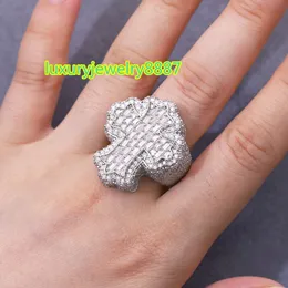 Full Ice Out Moissanite Ring 925 Sterling Silver Gold Plated Baguette Moissanite 크로스 링 힙합 남성 여성 쿠바 링