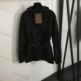 Hooded Windbreaker Womens Safety Buckle Design Belt Waist Drawstring Long Sleeve Jacket Casual Coat