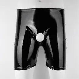 Calcinha feminina preto masculino brilhante patente couro shorts wetlook aberto pênis buraco crotchless boxer brilhante cintura elástica pant290g