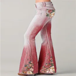 Frühling Neue Mode Jeans Gradienten Blume Druck Imitation Denim Schlaghosen Frauen Hohe Taille Lange Hosen Plus Größe Frauen Hosen h257f