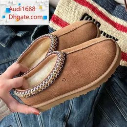 2023 Tasman Tazz Mustard Seed Chestnut Leather Straw Slippers Sheepskin Classic Super Mini Thick Sole Boots Autumn Women's Flat Shoes Suede Uppe