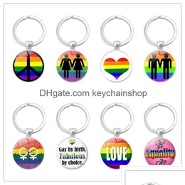 Schlüsselringe Schlüsselringe Mode Gay Lesbian Pride Sign Schlüsselanhänger für Frauen Männer Regenbogen Farbe Glas Gemstone Charme Chains LGBT Schmuck Acce Dhibk