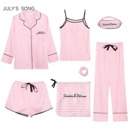 July's Song Pink Women's 7 Pieces Pajamas Sets Emulation Silk Striped Pajamas Women Sleepwear Sets Spring Summer Autumn 223x