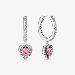 100% auténticos pendientes de aro de corazón de Halo brillante de Plata de Ley 925 auténticos accesorios de joyería de compromiso de boda para mujer 242G