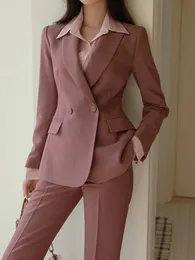 Kvinnor Tvåbitar byxor Kvinnor Casual Vintage Formal Pantsuit Breasted Blaser Jackets Solid Elegant Pantalons 2 Female Business Trousers Outfits 231017