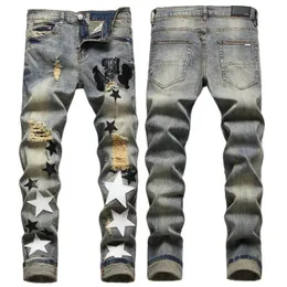 Men jeans brevstjärna am små spot män broderi lapptäcke rippade sexiga romantiska vilda motorcykelbyxor am3096-00 storlek 29-38