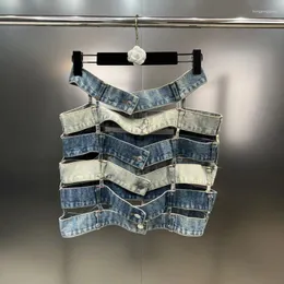 Юбки PREPOMP 2023, летняя коллекция, градиентная синяя повязка, лоскутная однобортная короткая джинсовая юбка с пуговицами, 722