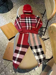 New Warm knitted suit for baby comfort boy and girl Tracksuits Size 100-160 CM Knitted hat and Checker design sweater pants Oct15