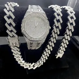 Ketten 3 stücke Iced Out Uhren für Männer Gold Uhr 15mm Cuban Link Armband Halsketten Diamant Hip Hop Schmuck mann Clock253M