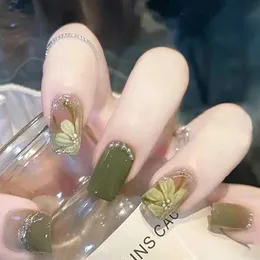 False Nails 24PcsSet Press On Fake Green Wearing Reusable Art Girls Ballerina Coffin Nail With Glue Full Cover Artificial 231017