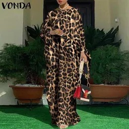 Повседневные платья, женское платье-кафтан, 2021 VONDA, винтажное вечернее платье с леопардовым принтом, длинными рукавами макси, плиссированное платье, халат большого размера271p