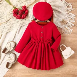 Vestidos para niñas de 2 a 7 años, vestido rojo liso para niños, con botones y manga larga, decoración con lazo, mini con sombrero fruncido