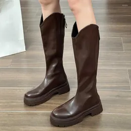 Middle Platform Women Long Heels Boots 2023 Autumn Winter PU Leather Knee High Woman Thick Sole Zipper Riding Botas Mujer 34