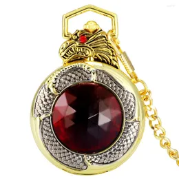 Карманные часы Рубиновый золотой дракон с обложкой Роскошные часы Подарочные женские черные арабские цифры Кварцевый циферблат Кулон Толстая цепочка Мужские маленькие часы