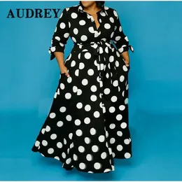 Plus Size Vestidos Plus Size Roupas Femininas Polka Dot Long Maxi Vestido com Cinto 5XL Vintage Elegante Cintura Alta Faixas Botão Up Camisa Vestido Casual 231017