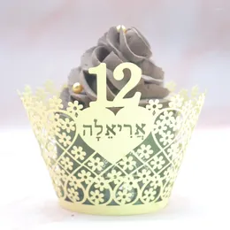 Envoltório de presente Bat Mitzvah Decoração Bonito Pequenas Flores Laser Corte Personalizado Hebraico Judaico 12 Aniversário Festa Cupcake Wrapper