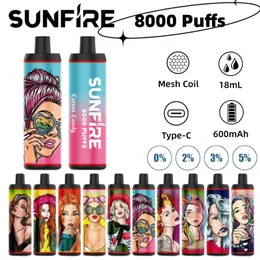 ELETRONIC FICHETTE ORIGINAL ORIGINAL SUNFIRE 8000 일회용 vape 펜 카트리지 9000 퍼프 EU 창고 충전식 공기 흐름 조절 가능한 18ml 10 Flaovrs 장치