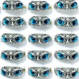 Bulk lots 30pcs blue eye owl vintage rings retro punk gothic rock women men cool biker party gifts jewelry3127