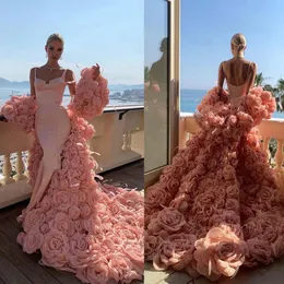 Elegant Flowers Mermaid Prom Dresses Luxurious Backless Sweep Floor Train Occasion Dress Aso Ebi Evening Gowns
