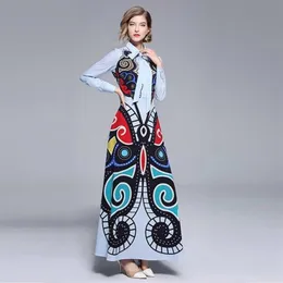 Frühling Sommer Runway Kleid Vestidos Mexikanische Frauen Elegante Langarm Vintage Geometrische Print Gürtel Plissee Maxi 210525221j