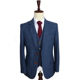 Erkekler Suits Blazers yün mavi balıksırtı retro beyefendi stil özel yapılmış erkek takım elbise takım elbise erkekler için 3 adet jacketpantsvest 231017