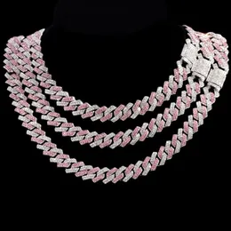 Kedjor hiphop rosa crystal 14mm rhombus prong kubansk länk kedja halsband för kvinnor full strass bana is ut juvelrychains298j