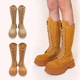 Designer-Schuhe SMFK Gingerbread High Barrel Strap Desert Boots SYG Natürliches pflanzlich gegerbtes Rindsleder Spicy Girls Cross Sting Long Barrel Boots