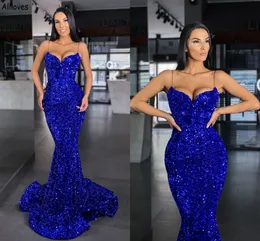 Sexy Shiny Sequiend Aso Ebi Prom Dress Spaghetti-Trägern Lange Meerjungfrau Frauen Partykleider Für Besondere Anlässe Plus Size Second Recepton Formelle Kleidung Slim Fit CL2775