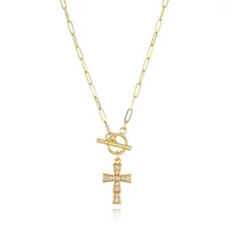 Choker Micro Set Zircon Plated True Gold Necklace för kvinnors mångsidiga ljus lyx OT -spänne kärlek Cross Pendant Collar Chain