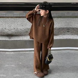 Clothing Sets Girl Knitted Clothes Set Outfit Teenager Sweaters Wide Leg Pants Two Pieces Children Kids Brown Suits 8 10 12 14 Ensemble