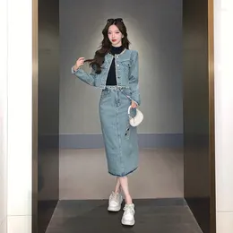Skirts Real Autumn Sweet Cool Style Set With Round Neck Ragged Denim Coat And Mid Length Half-length Skirt Two Piece