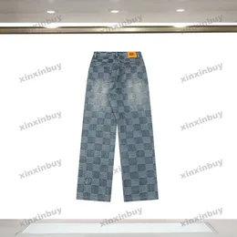 xinxinbuy män kvinnor designer pant pläd bokstäver jacquard tyg denim sätter vår sommar casual byxor svart s-2xl