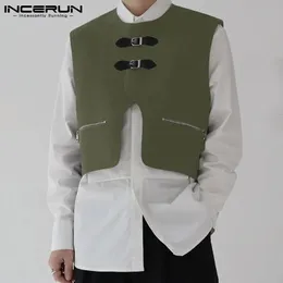 Men's Vests INCERUN Tops Korean Style Men's Solid All-match Simple Waistcoat Fashion Leather Buckle Zipper Design Short Vests S-5XL 231017