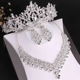 KMVEXO Set da sposa in cristallo di cuore di lusso da sposa con strass Corona Tiara Orecchini Collana girocollo Set di gioielli con perline africane259G