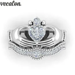 ウェディングリングvecalon luxury lovers claddagh ring 1ct 5a zircon czホワイトゴールドフィルドエンゲージメントバンドセット女性メン268g