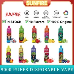 Autentisk engångsvapa Vape Pen Sunfire Puff 9K 10K 12K Tornado Vape laddningsbar engångs tornado 9000 med ljust färgglad RGB -ljus och mycket puffs druvsmak