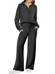 Pantaloni a due pezzi da donna Tute da donna 2 pezzi Tinta unita Co-Ord Sets Abiti Felpa pullover oversize con mezza zip a maniche lunghe