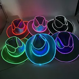 넓은 가슴 모자 버킷 모자 할로윈 크리스마스 El Wire Light Up Squin Jazz Hat 성인 네온 Led Luminous Festival Party Dress Up 남자를위한 캡 231016