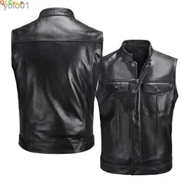 Men's Leather Faux Leather Black Collar Sleeveless PU Vest Jacket Men's Single-breasted Up and Down with Pockets Faux Leather Vests Coat S M L XL XXL XXXLL231018