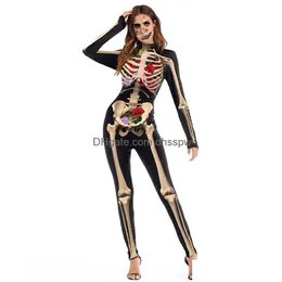 Halloween Costume Womens Skeleton Rose Print Scary Black Skinny Jumpsuit Bodysuit Cosplay Suit For Women Sexy Drop Delivery