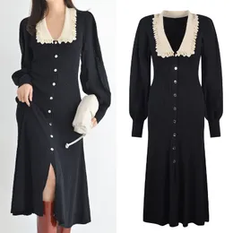 2023 Autumn/Winter New San-Dro Bubble Sleeve Lace Polo Sticked Long Sleeve Black Dress