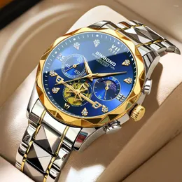 Armbandsur 2023 Luxury Diamond Blue Watch for Men Gold rostfritt stål Vattentät kronograf Lysande datum Business Sport