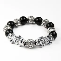 Feng Shui Lucky Plated Antique Silver Double Pixiu Bracelet Nutural Stone Obsidian Beads Bracelet For Men332x