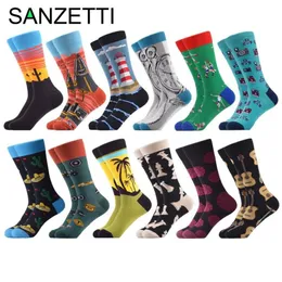 Sanzetti 12 Paairs Lot Lot New Style Multi Colorful Winter Fashion Men Combed Cotton Socks Long Funny Funny Male Dress Casual Design Socks340U