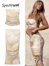Work Dresses Backless Strapless Tube Tops Pleated Midi Skirts Suits Sexy Skinny Draped Skirt Two Pieces Set 2023 Women Summer Chic